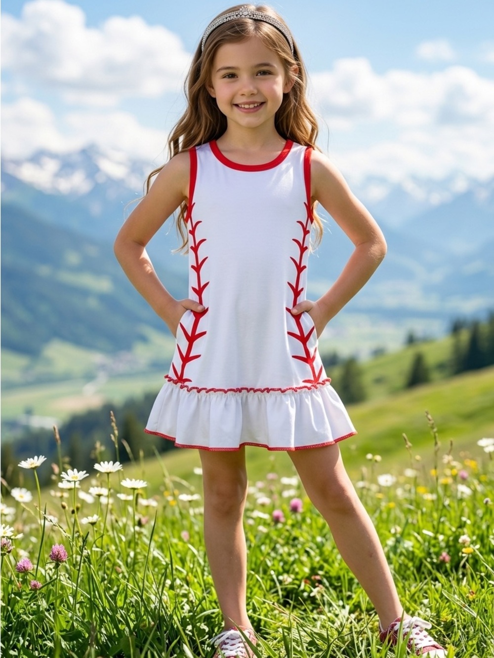 NWT Girls White & Red Ruffle Hem Casual Dress